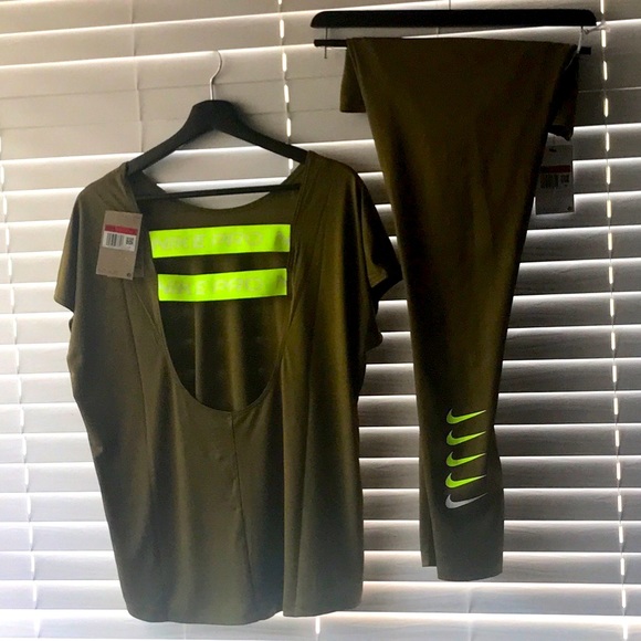 Nike Pro 2 piece Olive Green Tights/Shirt Set - Picture 2 of 10